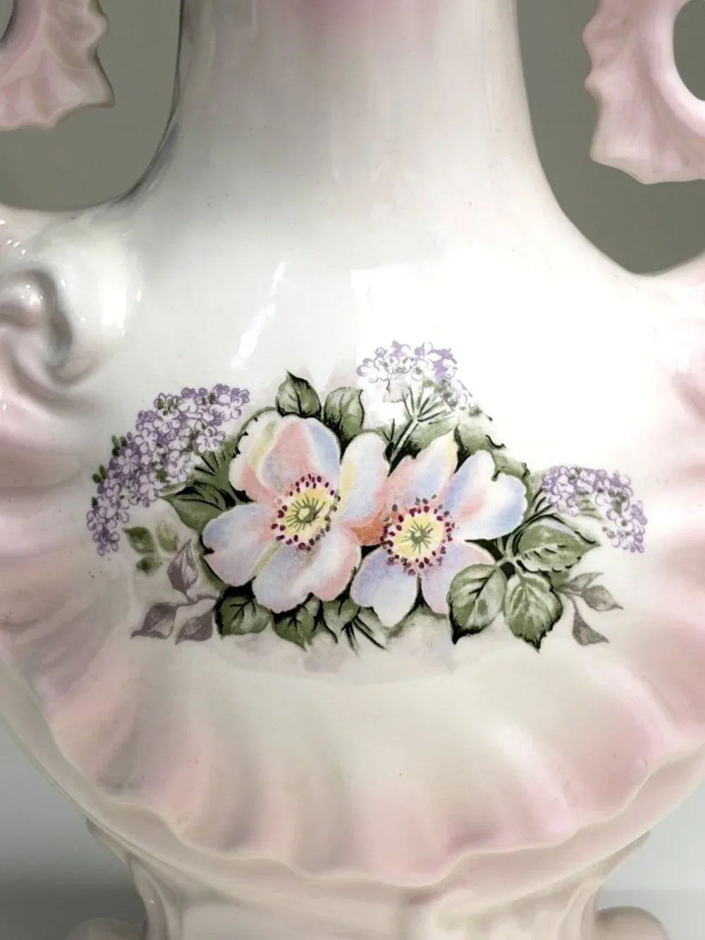 Vintage Pink White Floral Ceramic Vase Ornate Double Handle